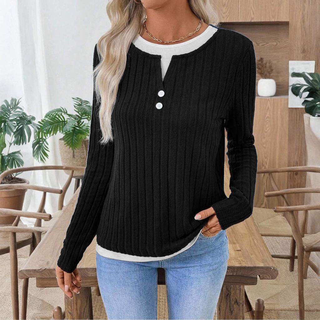 Women's Fashionable Solid Color Long Sleeved Round Neck Fake Two-piece Casual Pullover T-shirt Top