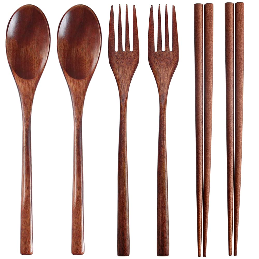 AOOSY Wooden and Chopsticks Natural Wood Tableware Carved from a Block of No with Natural for Lunch Dining Room Chinese Fried Rice Spoon, Fork,