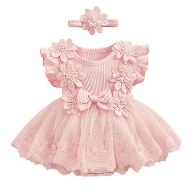 Infant Baby Girl Lace Romper Baby Tulle Dress Romper Flowers Bodysuit Spring Summer Festival Clothes with Headband