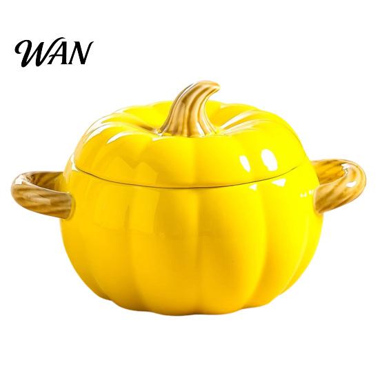 Ciotola da Zuppa con Coperchio, Manico Doppio, Zucca, Adatta al Microonde, Decorativa, Pratica, Regalo Cucina per Casa, Ciotola in Ceramica, Pentola Resistente al Calore per Stufati