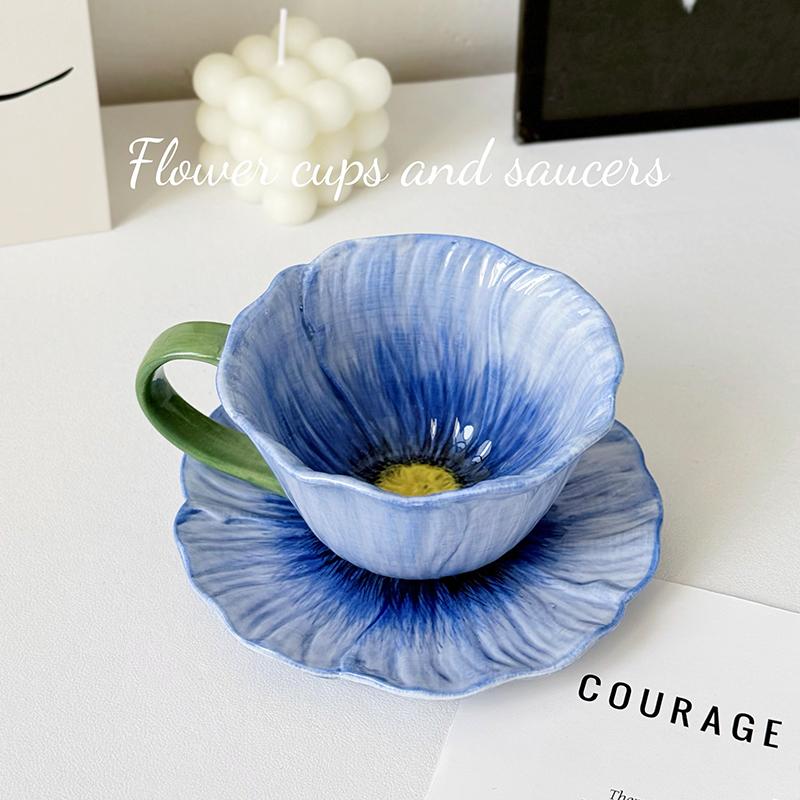 Suits Cute Flower Ceramic Coffee Mug with Tray Plate Artistic High Beauty Afternoon Tea Latte Coffee Cup Plate Dish Set