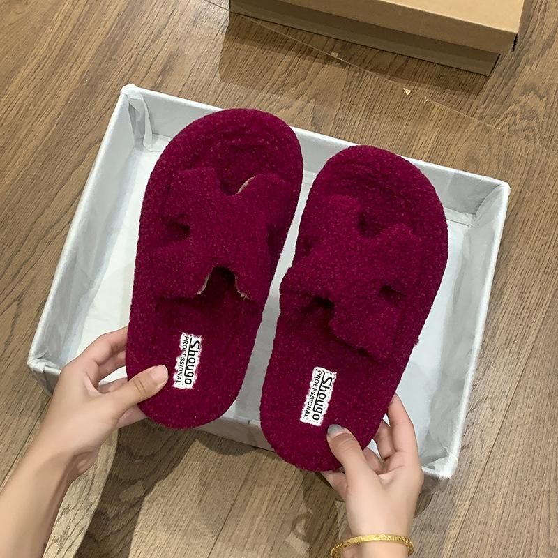 

Thick bottom heightening, piled and thickened fluffy slippers, wear 2025 new autumn and winter warm and non-slip flat-bottomed cotton slippers 40