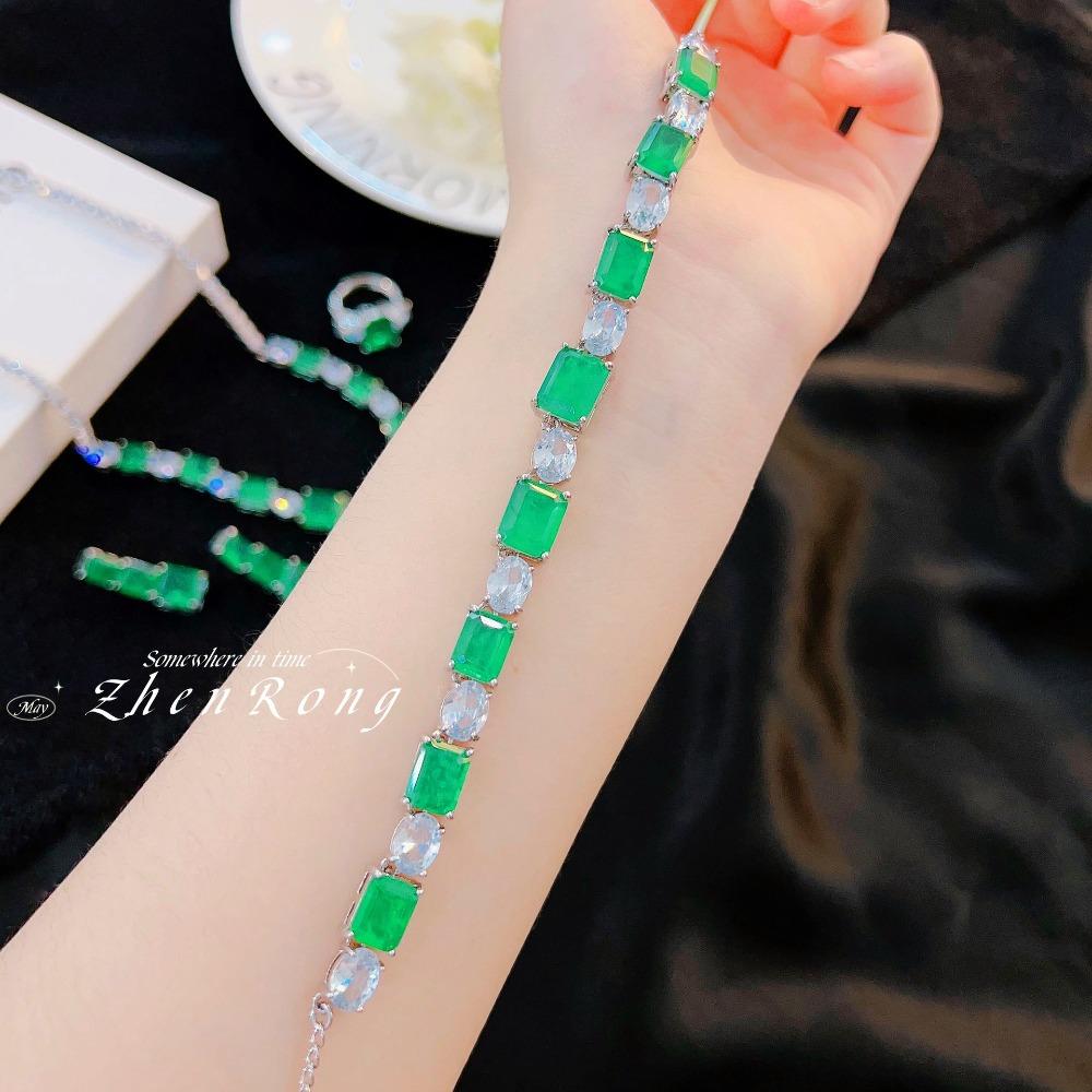 Fashion Jewelry Sets Emerald Necklace Green Diamond Earrings Bracelet Women Elegant Square Cut Gemstone