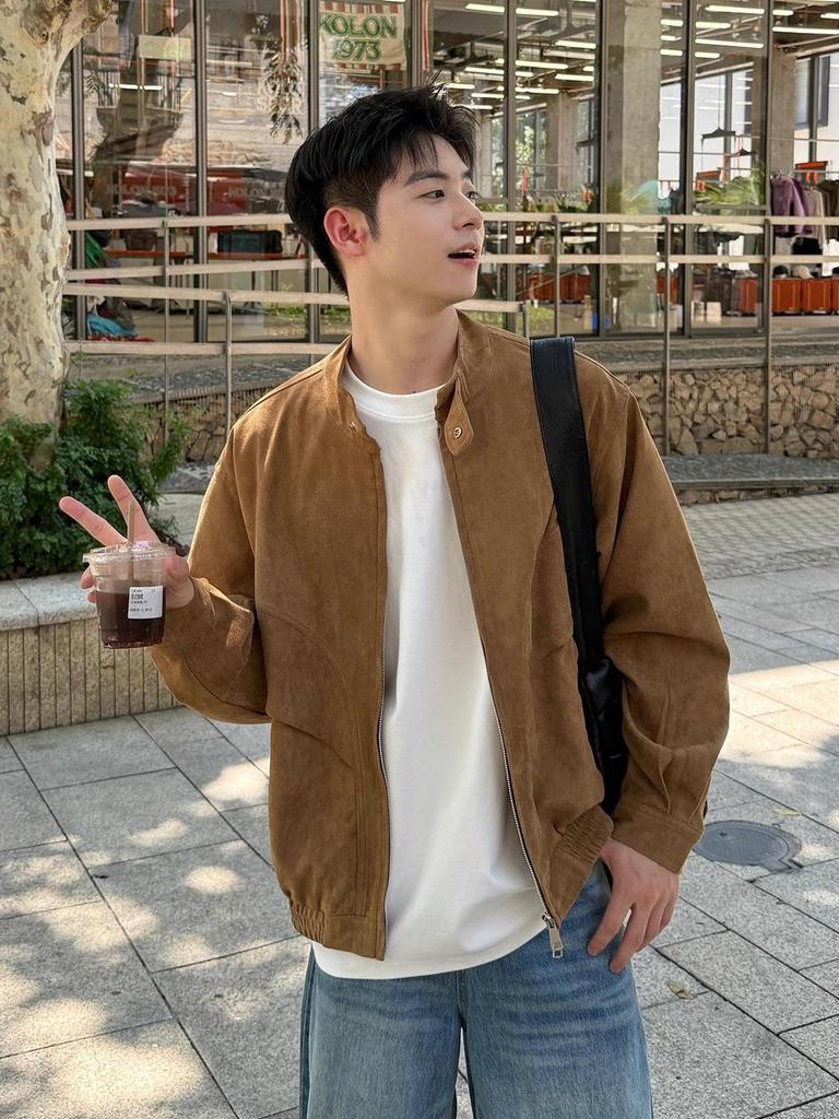 Unisex Retro Faux Suede Harrington Jacket for Fall/Winter - Casual, Versatile Design