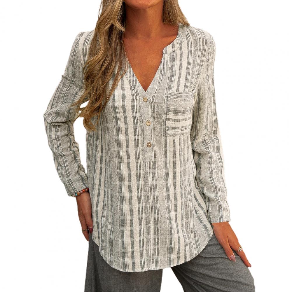 Women Popular Shirt Stripe V-Neck Irregular Hem Skin-friendly Summer Pocket Blouse Long Sleeve Blouse for Daily Wear
