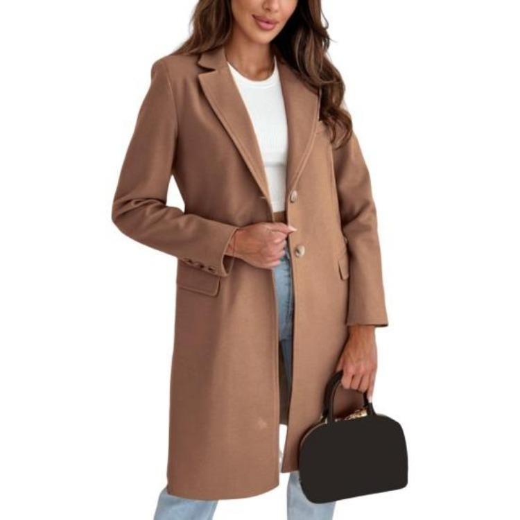 

Warm Winter Women Woolen Coat Mid Length Overcoat Thick Formal Business OL Commuting Jacket Pure Color Turn Down Collar Button Closure S коричневый
