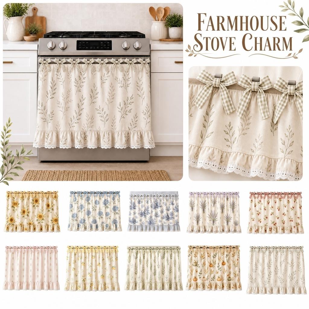 Lace Trim Oven Cover with Floral Print Decorative Dustproof Curtain for Kitchen Stove Protection and Appliance Enhancement