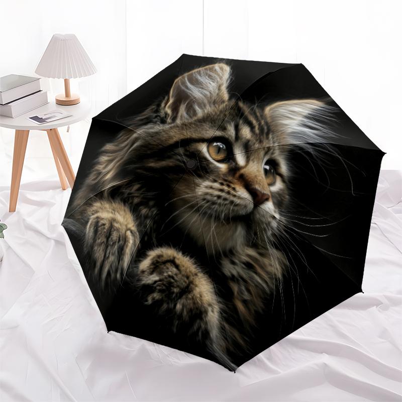 Black Kitten Pattern, Automatic Folding Umbrella, Portable and Foldable Design, 8 Ribs, a Christmas or Birthday Gift.