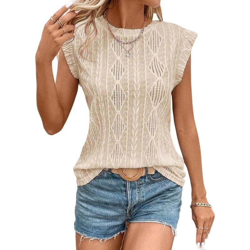T-shirt a gilet casual da donna, scollo rotondo, jacquard, manica corta, geometrica