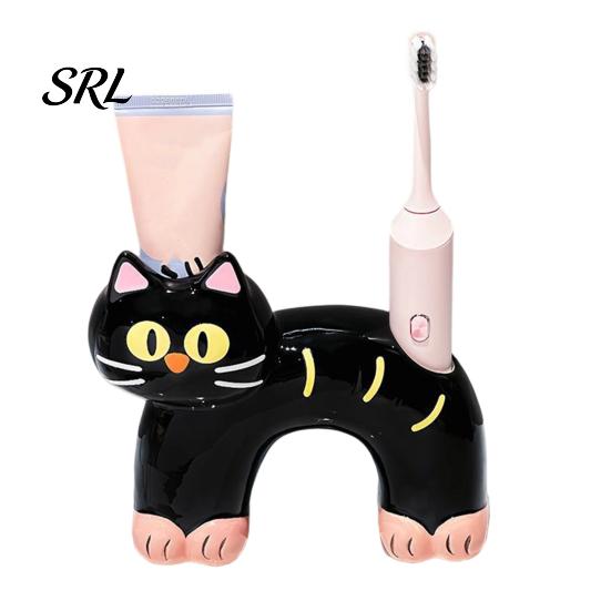 Portaspazzolino Gatto Carino Porta, Forma con Foro di Drenaggio, Porta Resistente alla Muffa Doppia Foro Organizzatore in Ceramica per Accessorio Bagno Resistente alla Muffa