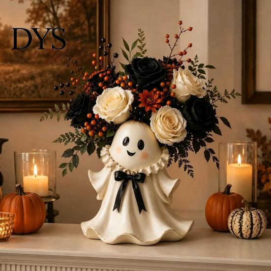 Uroczy Duch Wystrój Domu Figurka Żywiczna na Halloween z Wiklinowym Koszykiem, Ozdoba Stołowa na Biurko, Organizer Świąteczny Dekoracja Przedpokoju Kominka