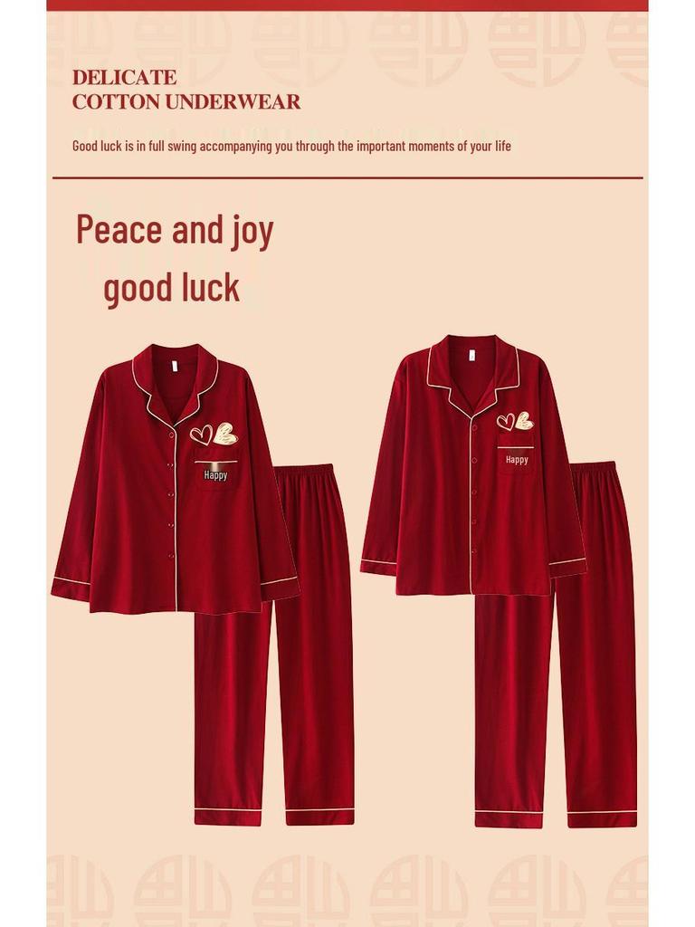 Red Turn-Down Collar Couple Pajamas - Long Sleeve, Plus Size, Korean Style Festive Homewear