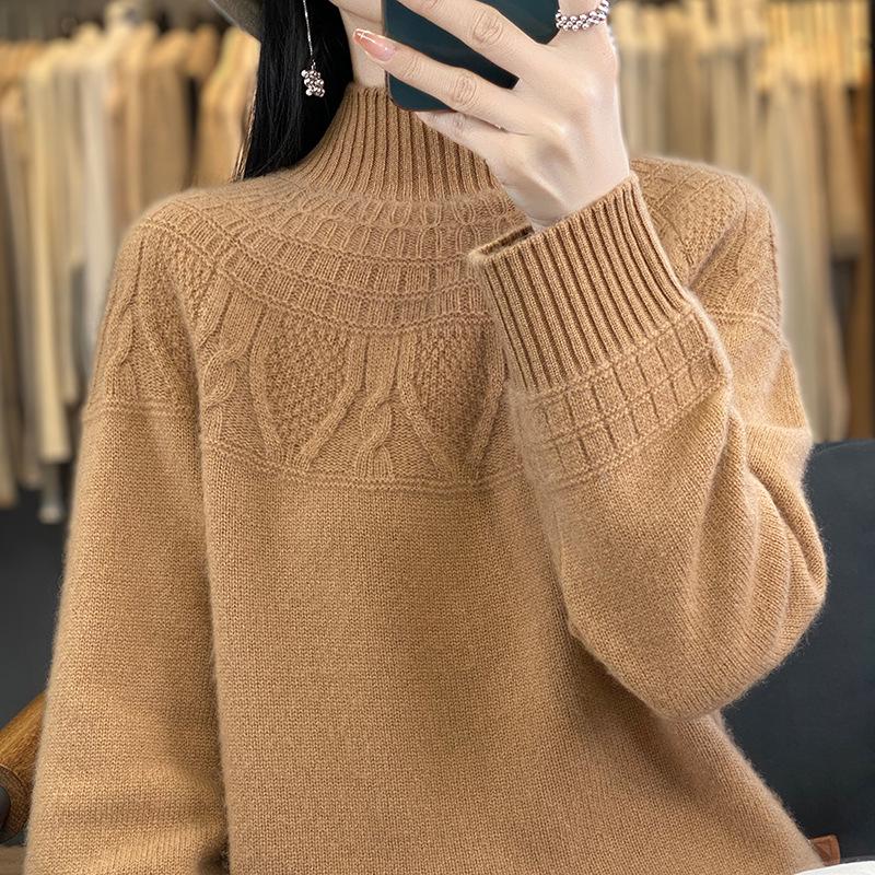 Women's Cashmere Sweater, 100% Wool, Semi-High Neck, Loose Fit, Perfect for Autumn and Winter.
