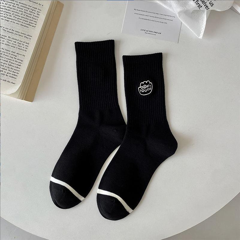 Unique Black & White Embroidered Cartoon Mid-Calf Cotton Socks for Street Style