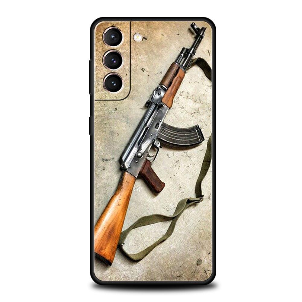 AK47 Handgun Gun BUllets Phone Case For Samsung Galaxy S23 Ultra S22 S21 S20 FE 5G S10 S10E S9 S8 Plus Note 20 Soft Black Cover