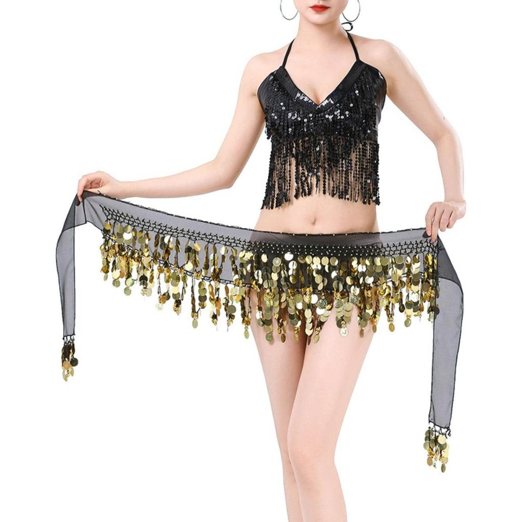Belly Dance Color Sequin Film Gong Hip Scarf Skirt With Gold Coins For Women Belly Dancer Costume Chiffon