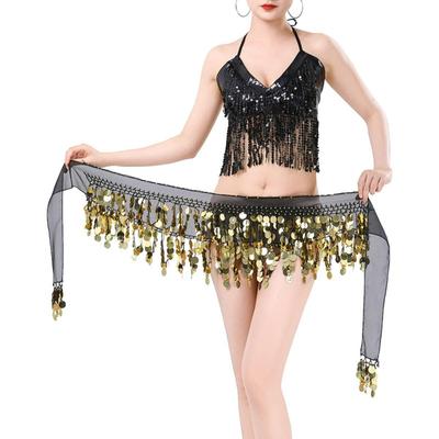 Belly Dance Color Sequin Film Gong Hip Scarf Skirt With Gold Coins For Women Belly Dancer Costume Chiffon
