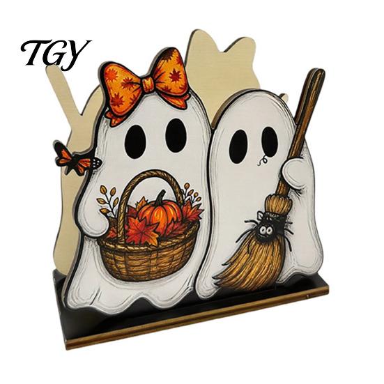 Decorative Wood Towel Rack Halloween Wooden Napkin Holder, Cute Ghost Black Cat Vertical Paper Organizer for Kitchen Stand, Table Tissue Festive Party