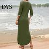 Casual Dress Women Maxi with Side Pockets V Neck 3/4 Sleeves Loose Slit Hem Solid Color Patchwork Pullover Beach