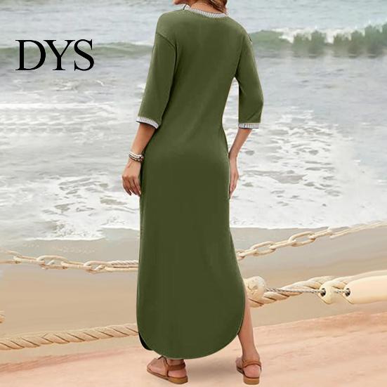 Casual Dress Women Maxi with Side Pockets V Neck 3/4 Sleeves Loose Slit Hem Solid Color Patchwork Pullover Beach