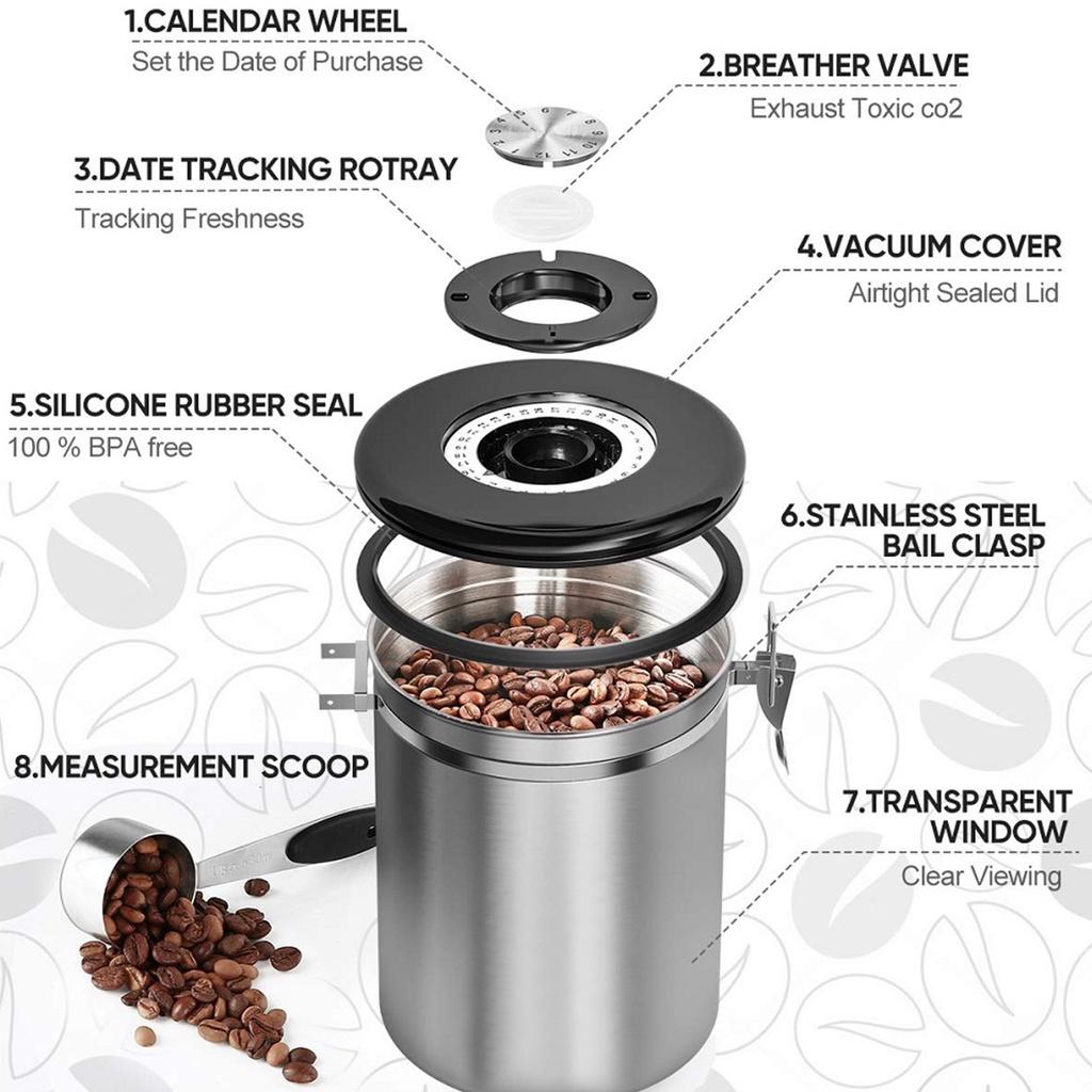 1L/1.5L/2L Storage Canister Set For Tea Rice Spices Herbs Food Storage With coffee Scoop 4.72x4.13inch Stainless Steel Airtight Coffee Container