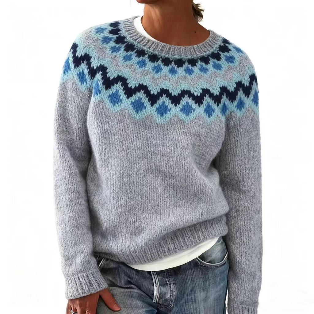 Women's 2025 Autumn/Winter Round Neck Color Block Loose Knit Sweater - Fashionable Pullover