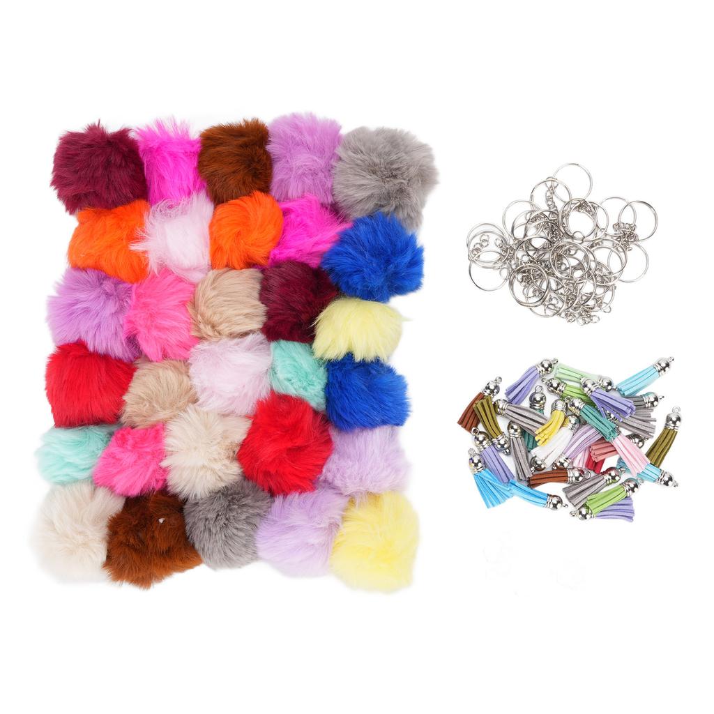 30 Set Puff Ball Keychain Accessories with Tassels Keyrings Open Rings Multicolor Faux Rabbit Fur