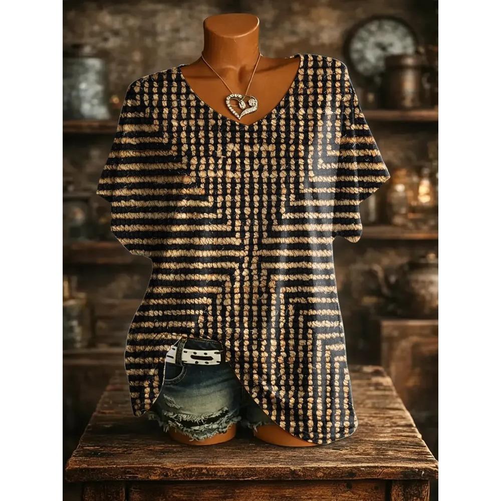 Fashionable Comfortable Oversized Breathable Women's V-neck T-shirt Colorful Creative Geometry 3D Pattern Summer Short Sleeved T-shirt