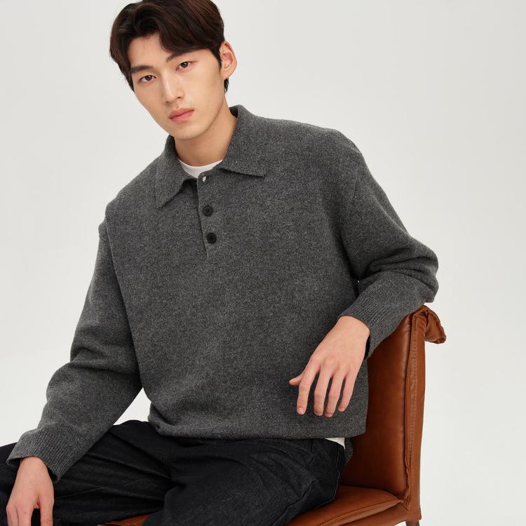 Men s Dark Grey Thickened Wool Polo Sweater (Winter 2025 Edition) 3XL