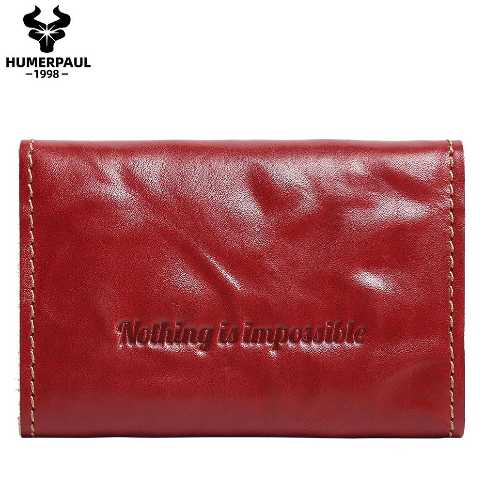 HUMERPAUL Ladies wallet first layer cowhide solid color convenient retro style short coin purse credit card storage leather solid color card case