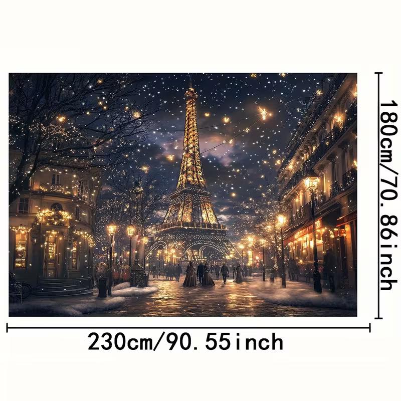 2D Paris Winter Backdrop, Eiffel Tower at Night with Snow and Lights