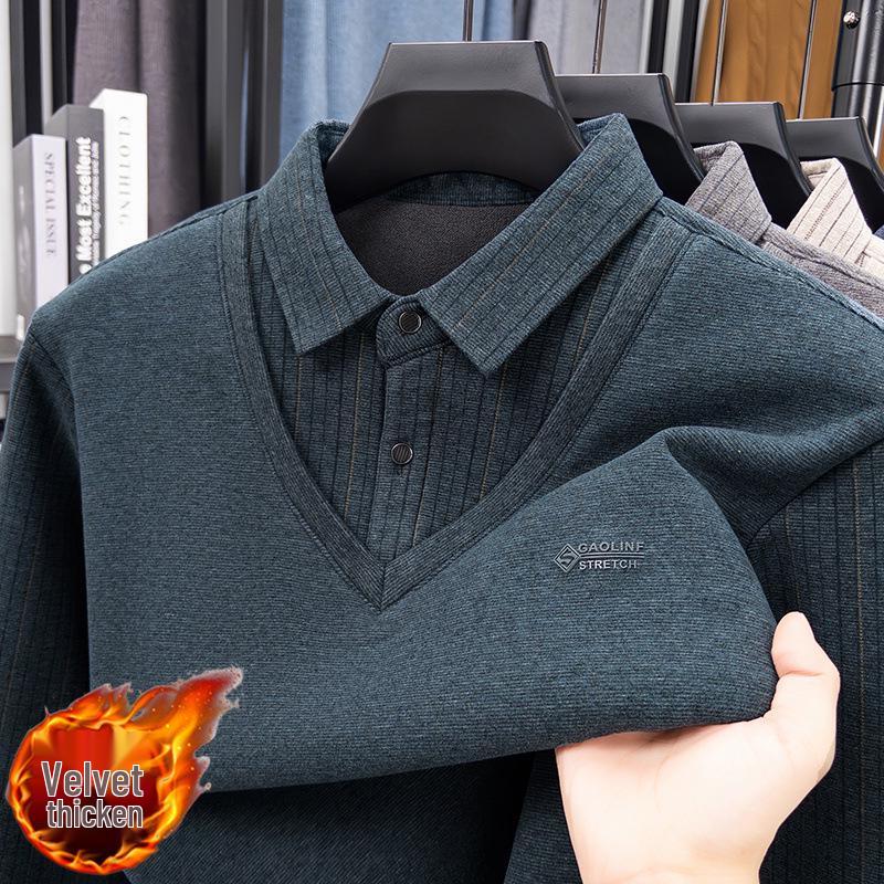 Men's Winter Turn-Down Collar Wool Sweater with Mulberry Silk & Velvet Lining - Warm Knitted Two-Piece Look