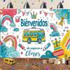 A Spanish banner welcoming students back to school  with polyester fiber happily returning to the classroom background