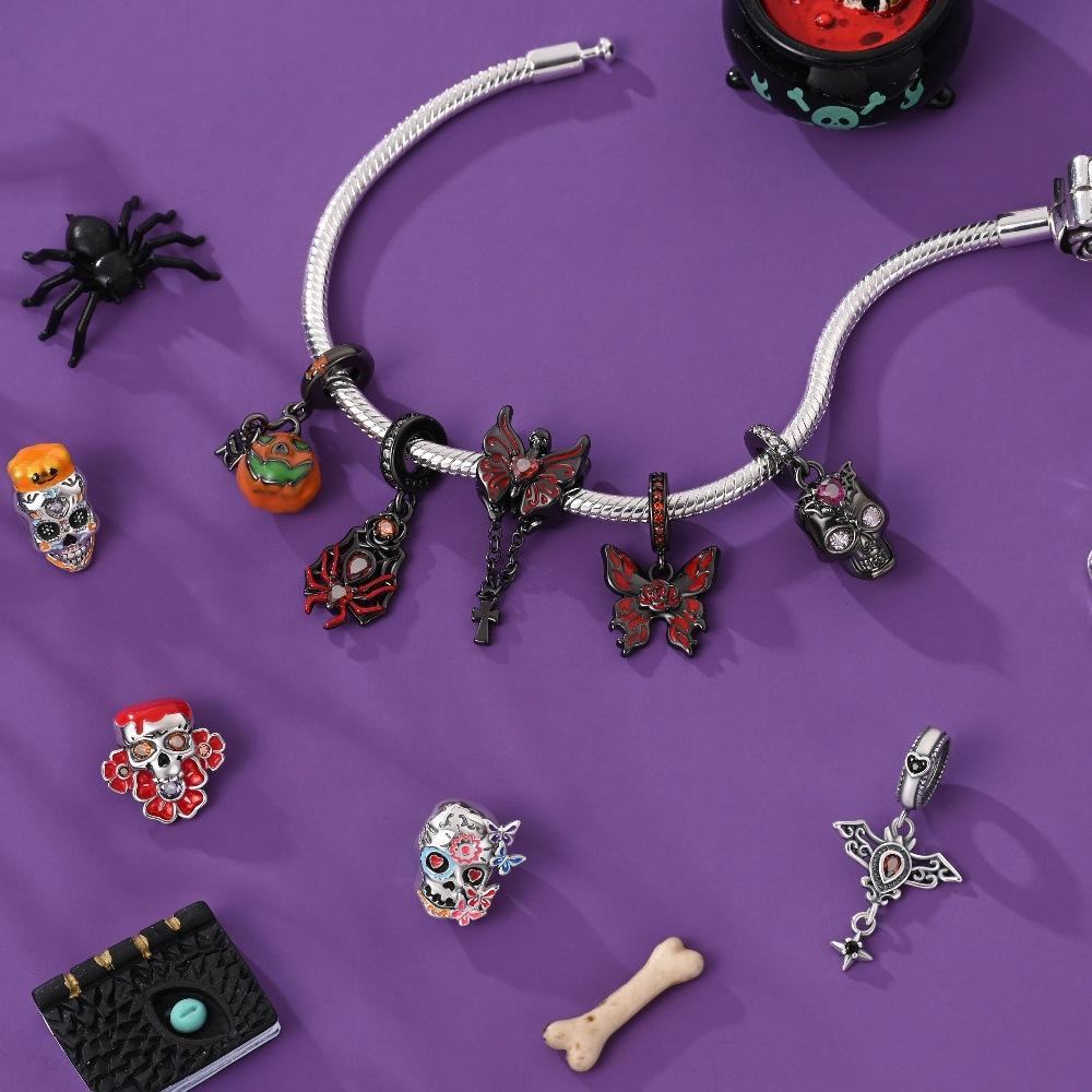 S925 Silver Halloween DIY Jewelry Kit Pumpkin Skull Bat Charm Pendant Beads Bracelet Making Craft Accessories