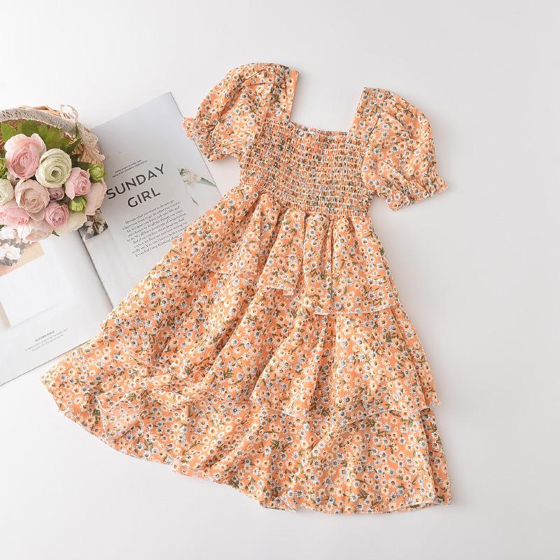 Girls Summer Floral Chiffon Dress Square Neck Puff Sleeve Tiered Cake Skirt Vacation Princess Dress for Kids 90cm
