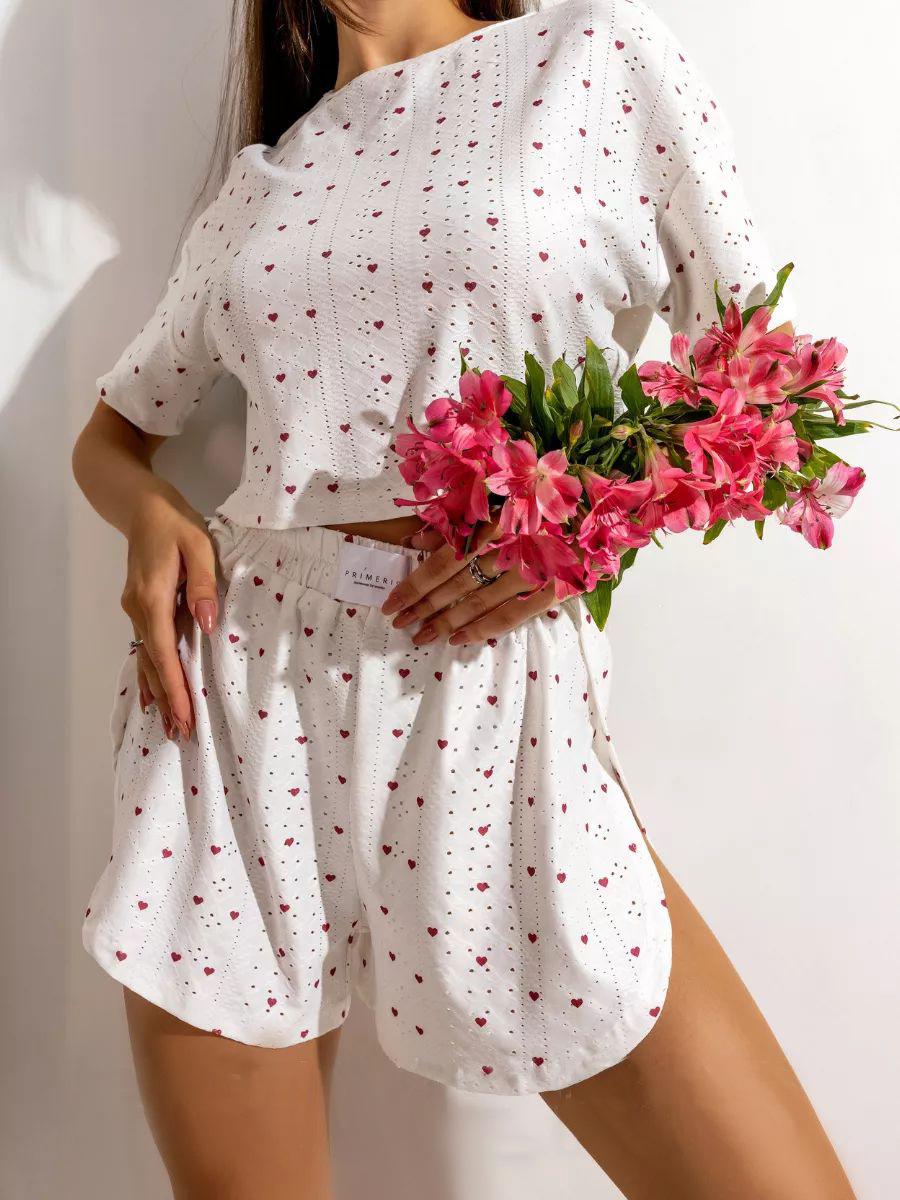 Summer Breathable Knit Printed Short-Sleeve Pajama Set with Slit Shorts—Soft Women s Loungewear S