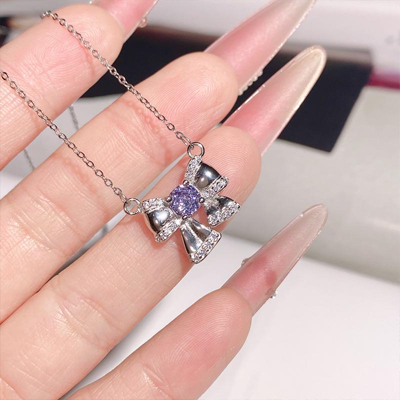 Clear Sky Pink Zircon Bow Necklace, S925 Sterling Silver, Micro-set Fine Chain, Everyday Wear.