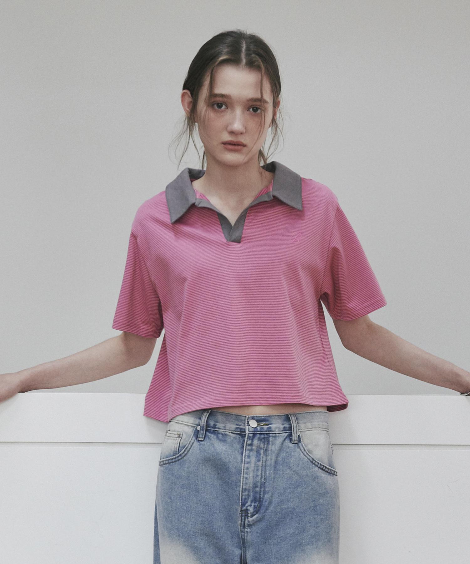 Belloel Pink Striped Color Block Polo Shirt Free