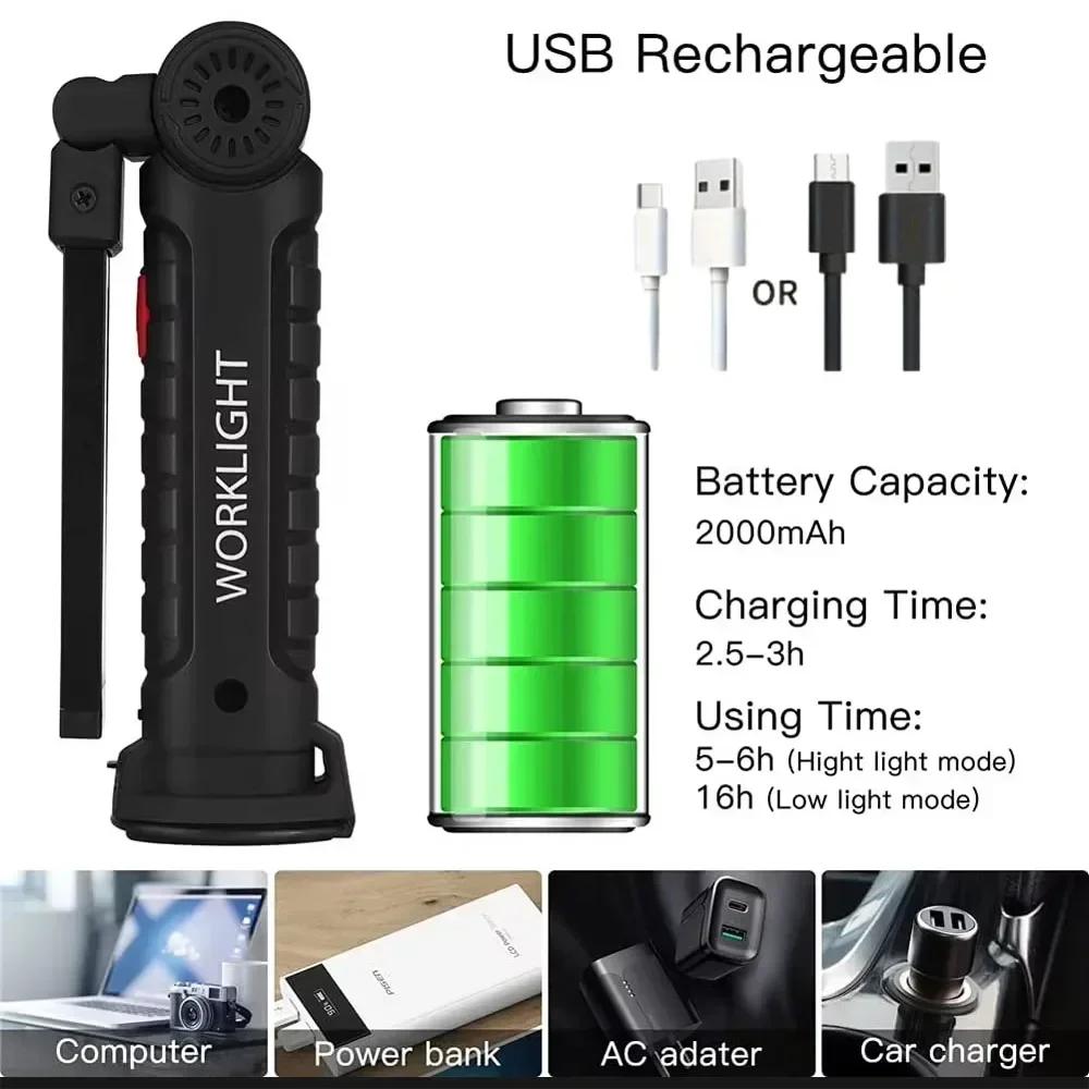 LED Flashlight Rechargeable Work Light Hanging Hook Magnetic with Builtin Battery USB Portable Flash Light Camping Repair Torch