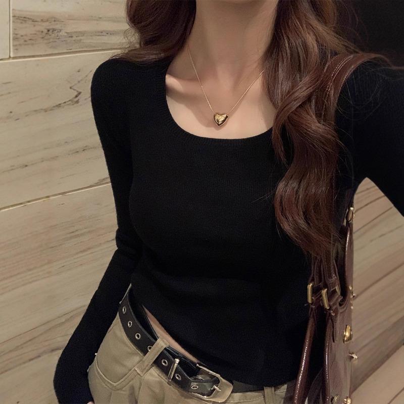 Gray bottoming shirt women's autumn and winter new square neck long-sleeved knitted low-neck sweater with slim-fitting early autumn top