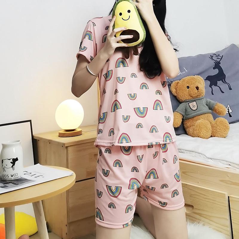 Women's Cute Summer Pajama Set - Short-Sleeved Top & Shorts, Casual Cartoon Loungewear for Indoors and Out.