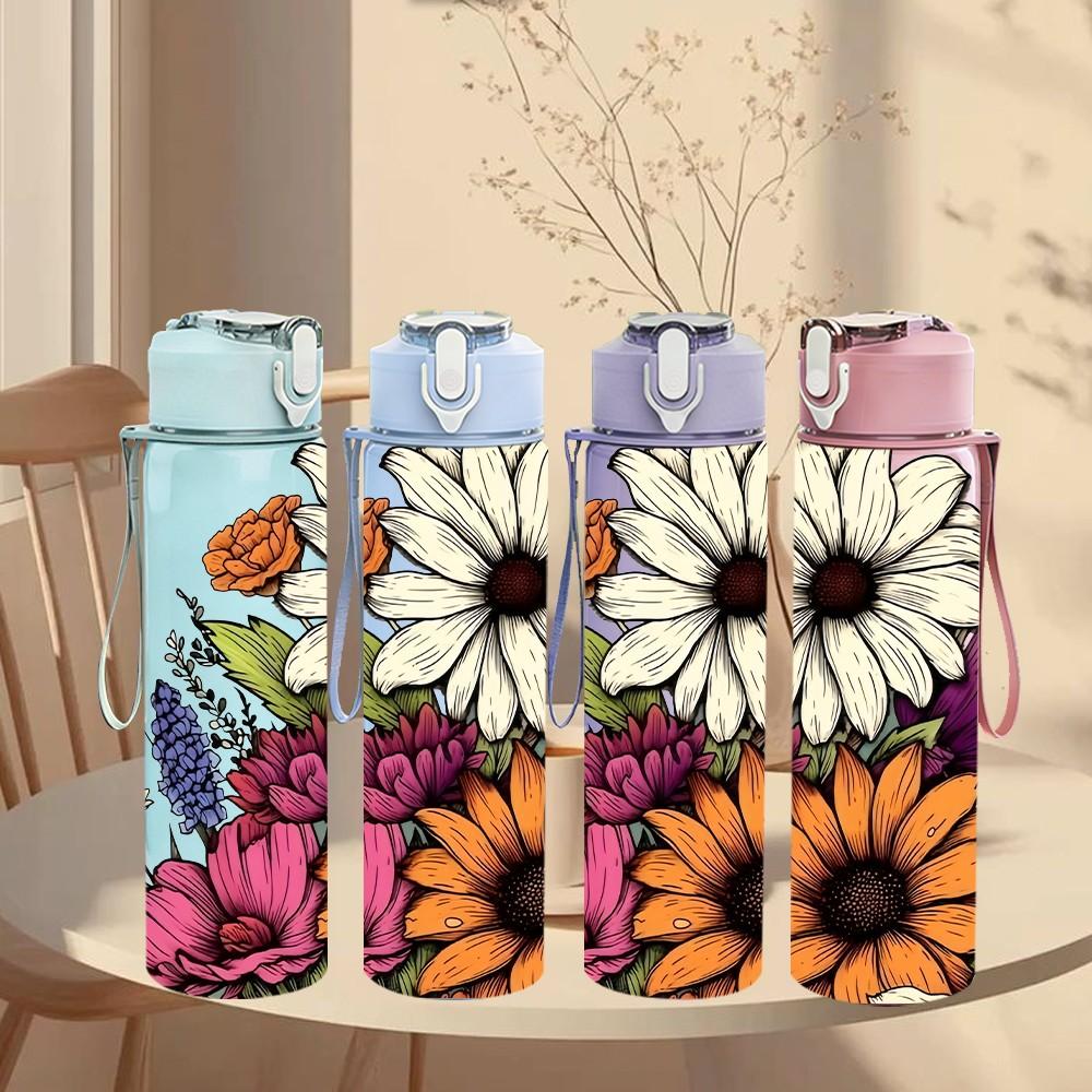 1PC Mixed Daisy Sunflower Bouquet Print 750ml Color Plastic Sports Water Bottle Leakproof Flip Straw Lid Suitable for Sports Office Home Use