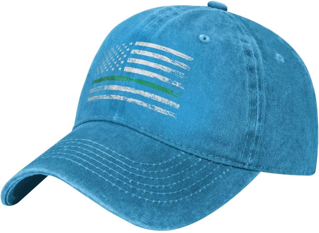 Thin Green Line American Flag Baseball Cap Distressed Washed Denim Style Adjustable Dad Hat
