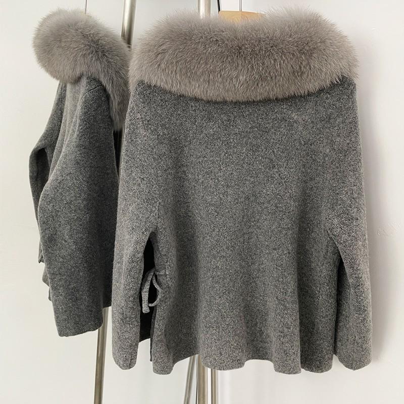 Damen Kurzstrickjacke mit Kunstfuchsfellkragen Lockerer Schnitt Lässiger Pullover 2026