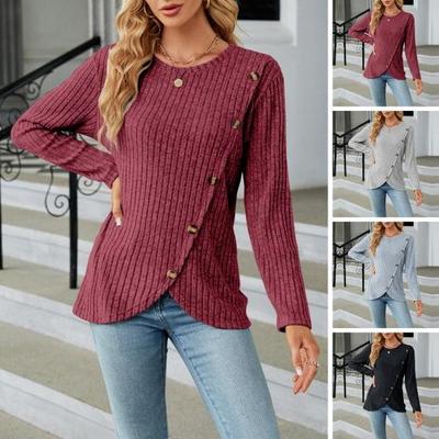 Maglione da donna autunno inverno con decorazioni a bottoni, girocollo, manica lunga, spesso, caldo, orlo asimmetrico, lavorato a maglia, pullover elastico, maglione da donna con trama morbida a righe