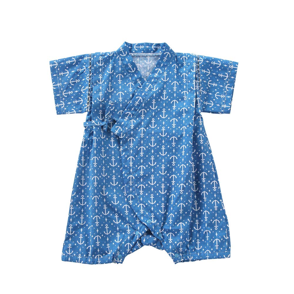 

Haoerwu Baby Summer Short Sleeve Cotton Coverall with Pattern Sizes Boys Romper, Yukata/Jinbei, Open-Front, Print, Blue, 9-12M синий
