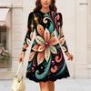 Women Plus Size Round Neck Long Sleeve Floral Printed Gathered Waist A Line Dress