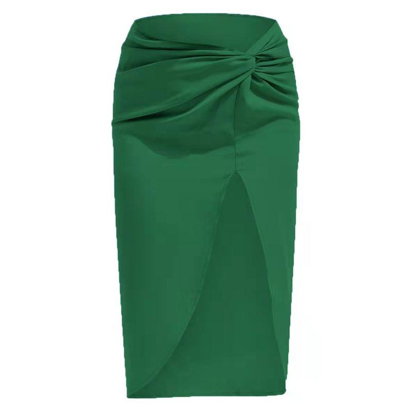 

Sexy Solid Colo Satin Split Kink Irregular Package Hip Skirt Green S