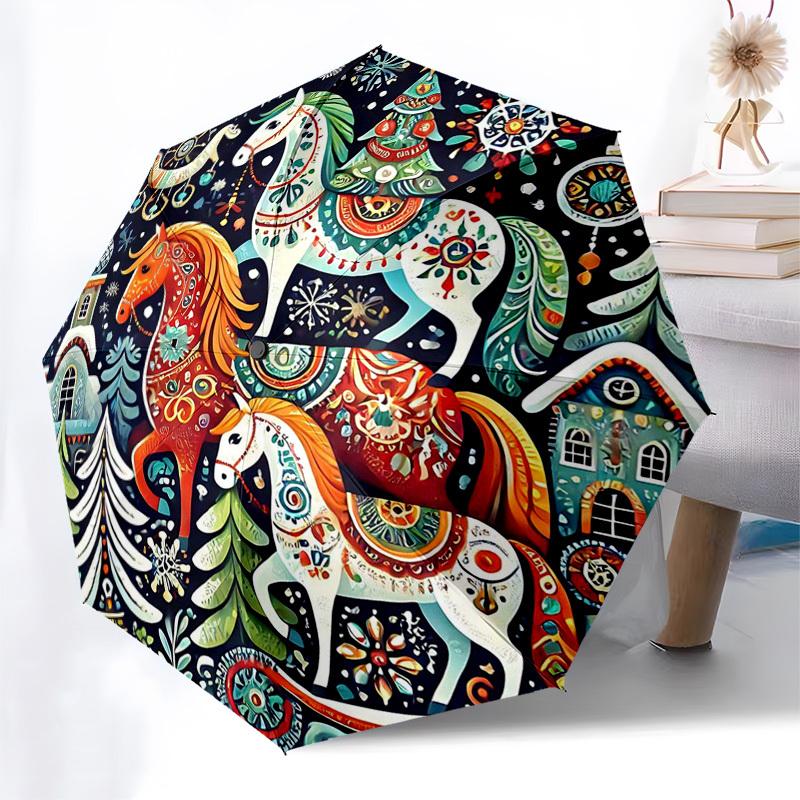 

1pc Christmas Horse Festival Umbrella - Automatic Opening/Closing, Portable 3-Fold Design, 8-Bone Iron Frame Outdoor Umbrella, Perfect Gift for Fans,