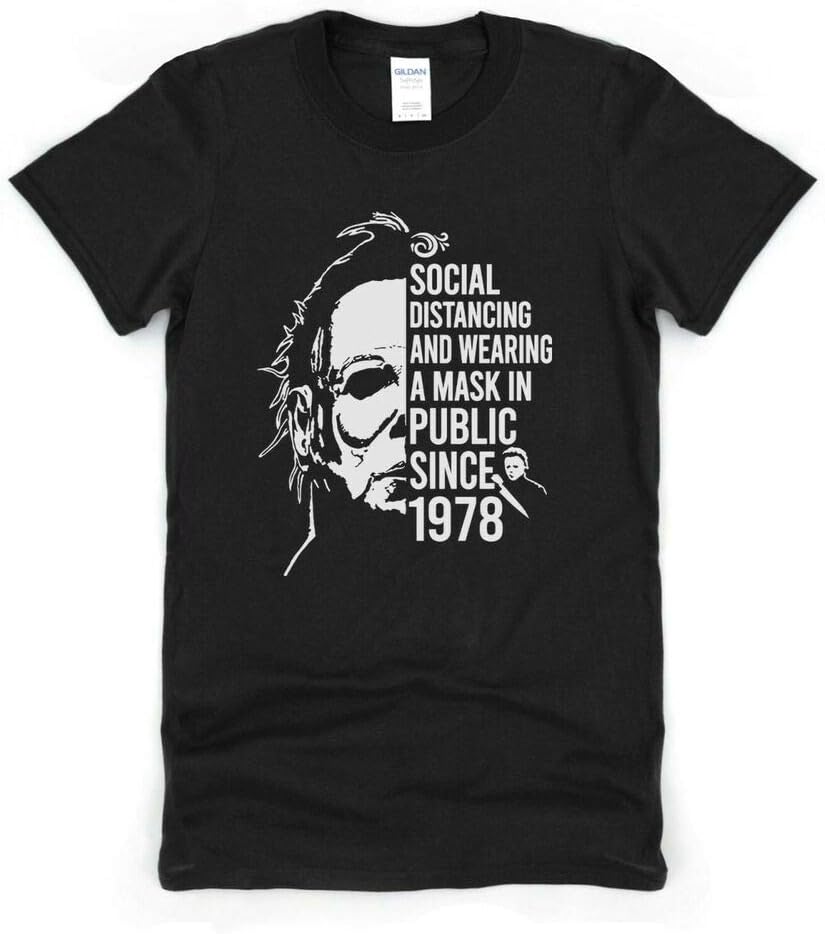 Mens Halloween T Shirt Social Distancing Funny Horror Movie Inspired Tee for Him L чёрный